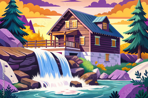 Rustic wooden cabin built over waterfall rocks, unique architecture with flowing water surrounding house