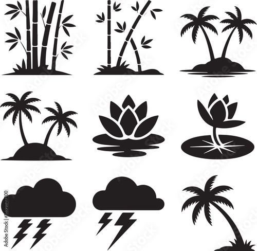Collection of Tropical Nature and Weather Icons in Silhouette bamboo palm tree