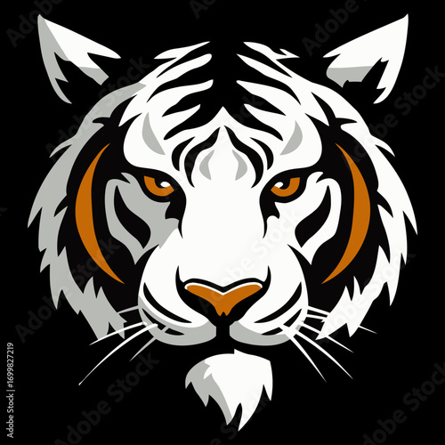 tiger mascot head with white and orange markings against a black background.