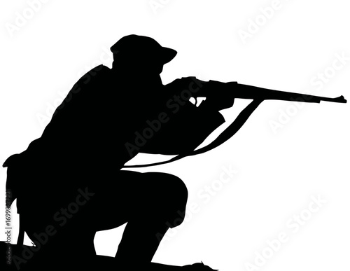 Silhouette of Armed Man in Crouched Position on White Background