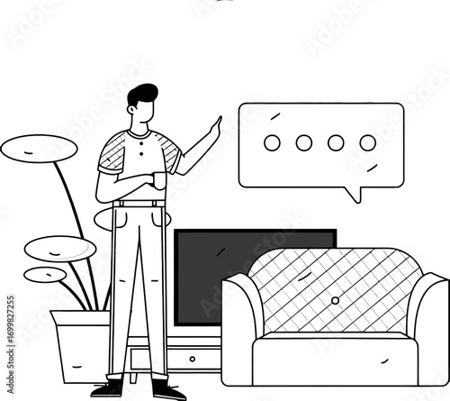 Illustration man home living room interior design furniture plant television communication chat bubble sofa cup vector art illustration and png sticker