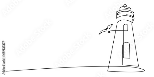 Lighthouse Continuous One Line Drawing. Minimalistic Simple Linear Illustration of Lighthouse Contour Silhouette. Simple One Line Art for Travel and Adventure, Business Design.