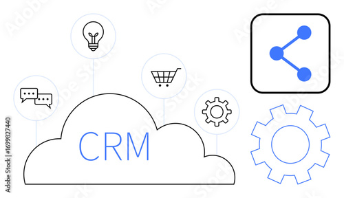 Wallpaper Mural Cloud icon labeled CRM connects to speech bubbles, light bulb, shopping cart, gear, and share icon. Ideal for business, technology, communication, marketing strategy data integration simple Torontodigital.ca