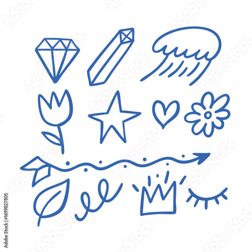 A collection of delightful, playful handdrawn doodles primarily created with blue ink