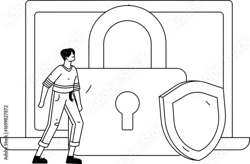 Security protection safety data privacy network internet technology shield padlock access secure system man laptop vector art illustration and png sticker