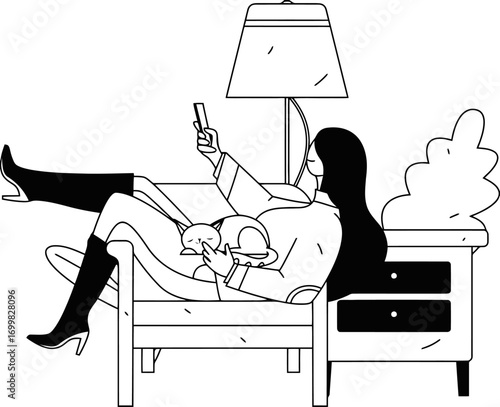Illustration man cat phone sofa lamp nightstand plant relax comfort lifestyle sleep home vector art vector art illustration and png sticker