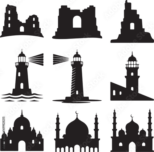 Collection of Silhouetted Architectural Landmarks and Lighthouses architecture ruins