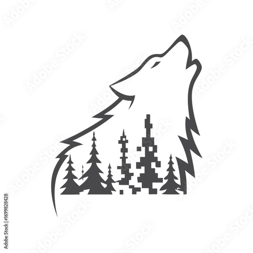 Silhouette of Howling Wolf Enclosing Pine Forest, on White Background