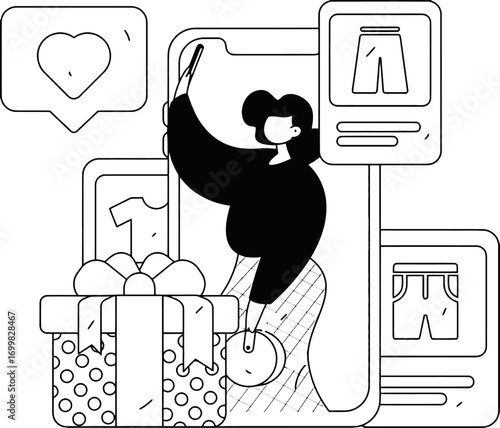 Excited shopper celebrates online purchase success receiving a gift box and favoriting items on a vibrant digital shopping spree