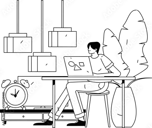 Focused young person working diligently on laptop at stylish desk, embracing modern remote work lifestyle with plants and alarm clock nearby