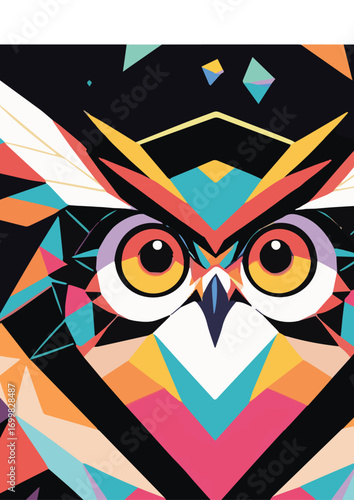Abstract owl stares intensely with colorful geometric patterns against a dark night sky, creating a modern and artistic vibe.