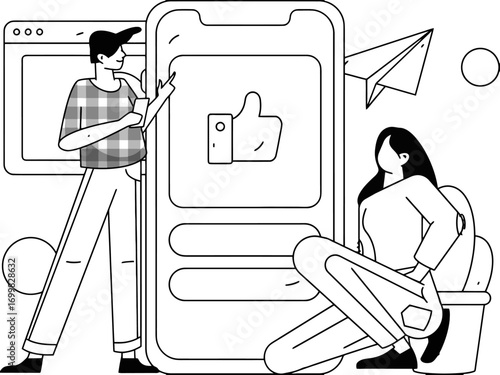 Dynamic duo collaborates on modern digital project showcasing success with interactive mobile interface and engaging social media elements