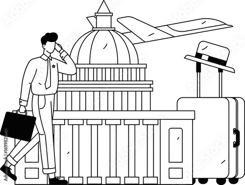 Confident businessman travels for important government meeting with luggage ready and plane overhead near iconic capitol building symbolizing success and ambition