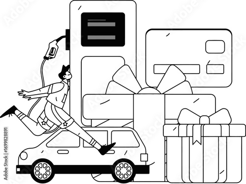 Dynamic woman races car towards exciting gift rewards and fuel pump, symbolizing convenience and shopping spree opportunities