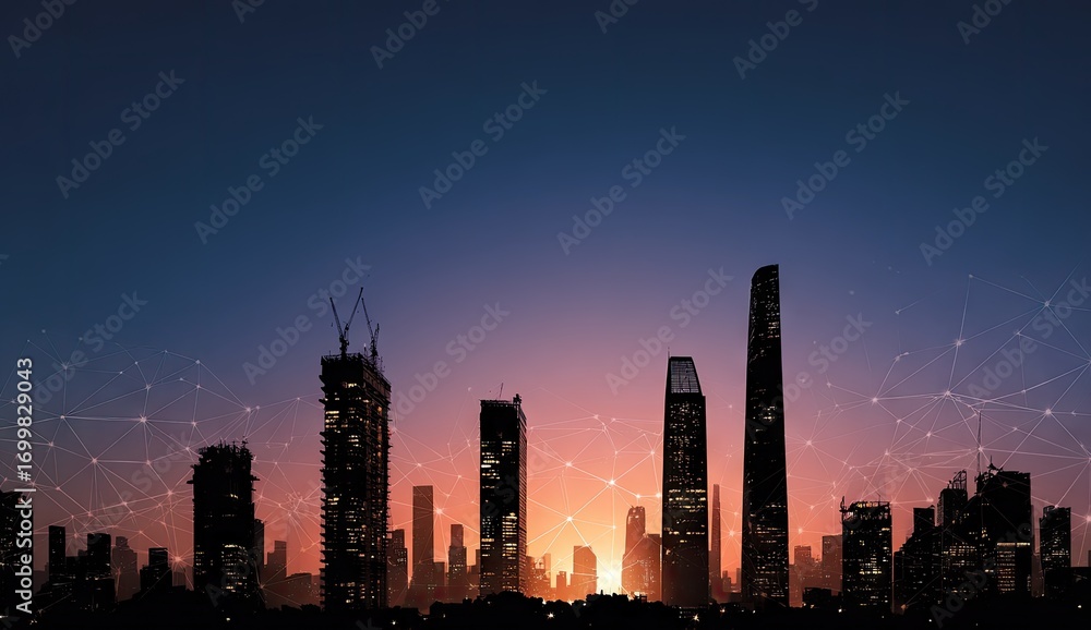 Fototapeta premium Silhouettes of modern skyscrapers at dawn, interconnected by a network of glowing lines, creating a futuristic cityscape.