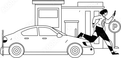 Frantic person rushing to catch a ride, holding phone and running towards car parked outside modern building, conveying urgency and a busy lifestyle.