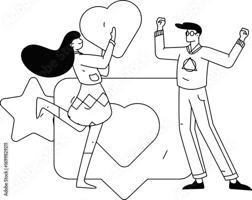 Celebrate social media success with a happy couple enjoying likes and shares, a modern illustration of online engagement and community growth, perfect for digital marketing
