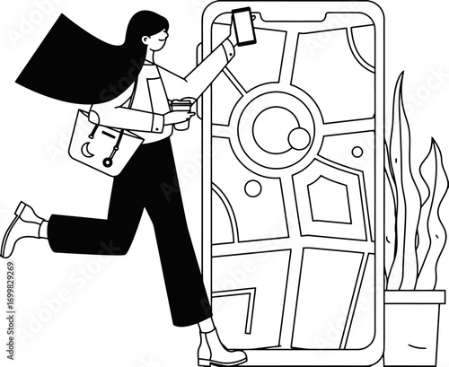 Stylish woman using map application on phone while walking, urban lifestyle navigation, mobile technology for city exploration, coffee on the go, modern digital travel
