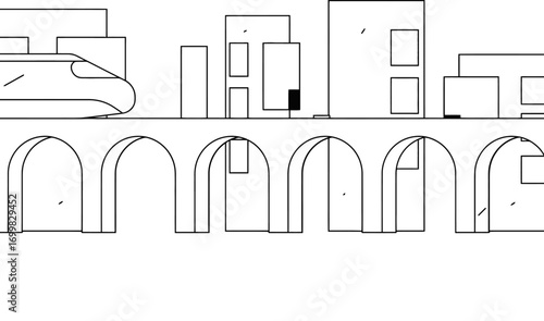 Sleek minimalist train design speeding through cityscape illustration, perfect for modern travel posters or urban design projects, conveying speed, efficiency, and dynamic movement, rail travel