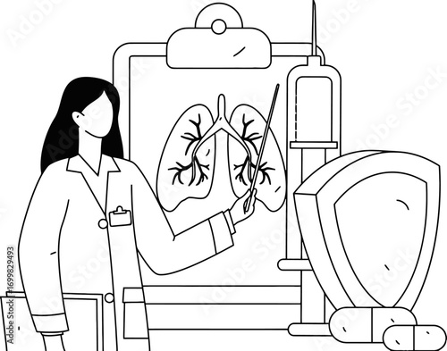 Dedicated doctor explaining lung health and immunity with medical chart, syringe, shield, and pills, symbolizing vital healthcare and disease prevention research.
