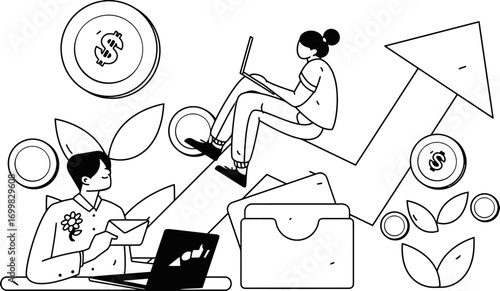 Dynamic business growth illustrated with upward arrow, people collaborating on laptops, and flourishing money plants symbolizing financial success and investment strategies