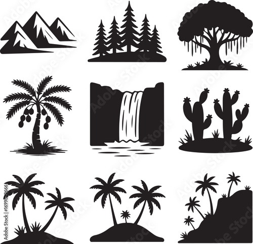 Mountain forest tree waterfall and cactus silhouette icons peak range