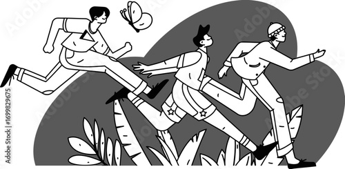 Dynamic trio in spirited race, embracing the thrill of movement and outdoor adventure with joyful energy and a sense of playful competition.