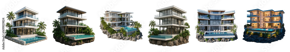 Fototapeta premium Modern luxury villas set including diverse designs, infinity pools, day and night views isolated. Ideal for real estate, vacation, and architectural concepts.