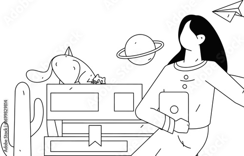 Curious cat naps on books near a person holding a tablet, while a planet and paper airplane float in a whimsical, imaginative scene perfect for educational or creative concepts.
