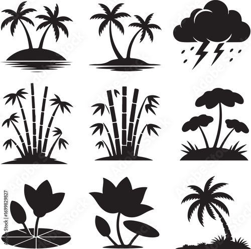 Tropical island palm trees bamboo and lotus flower icons beach nature