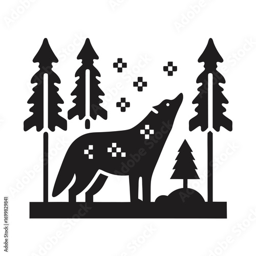 Silhouette Wolf Howling with Trees and Snowflakes on White Background