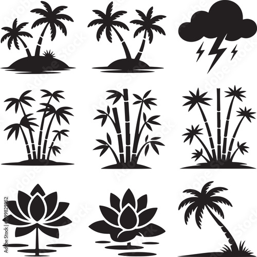 Tropical island palm trees bamboo and lotus flower icons beach nature