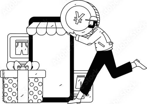 Dynamic entrepreneur rushes to secure a large yen coin, symbolizing successful online shopping and lucrative business deals with a gift box and modern store concept