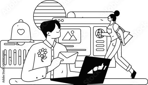 Modern digital lifestyle with a man working on a laptop and a woman walking by a website, showcasing a connected world and online engagement, perfect for tech and business content