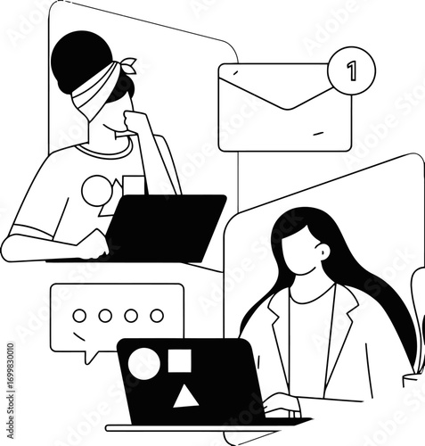 Connected business women collaborating digitally on laptops, sharing ideas in virtual meeting, streamlined communication, remote work, teamwork, perfect for online business