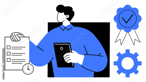 Person holding checklist and tablet, clock, badge, and gear symbolizing efficiency, time management, achievement, and productivity. Ideal for planning, task management goal setting project