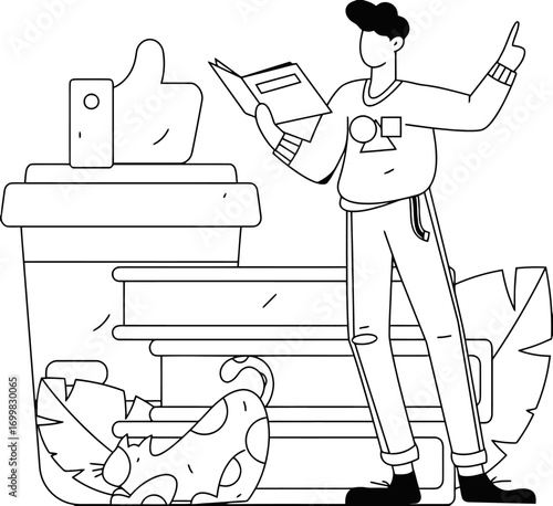 Enjoy a relaxing day at home reading with a cup of coffee, with a playful cat nearby in this modern line art illustration representing calm and focus for lifestyle and educational content
