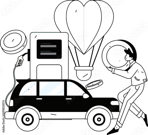 Man fueling car with coins, representing financial investment and fuel efficiency, ideal for concepts of saving money