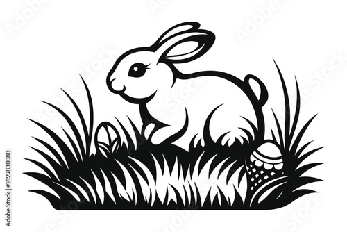 Simple Black Rabbit with Decorated Egg in Grass on White Background
