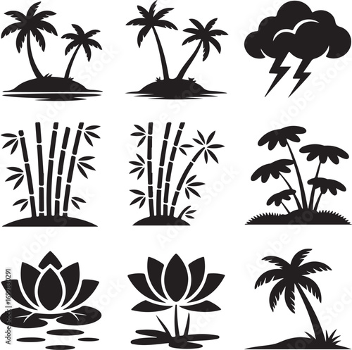 Collection of tropical island, storm, bamboo and lotus silhouette icons Keywords: palm trees