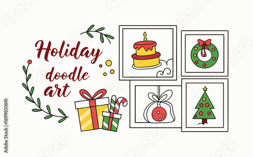 Multiple frame holiday doodle art combining bells, presents, candles, wreaths, and decorated Christmas trees with a touch of hand-lettered holiday greetings