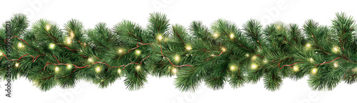 Beautiful vector illustration of Christmas garland made of lush green pine branches adorned with warm white lights, creating festive and cheerful atmosphere. Perfect for holiday decorations