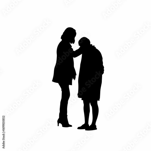 Silhouette of a woman comforting her friend after divorce isolated on white background
