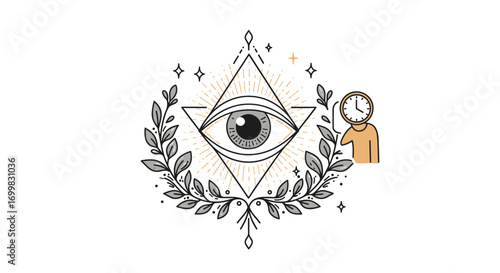 All seeing eye pyramid with clock character