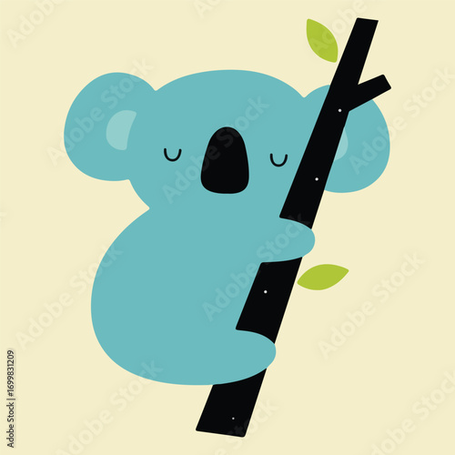 Cute koala bear clinging to a tree branch with closed eyes
