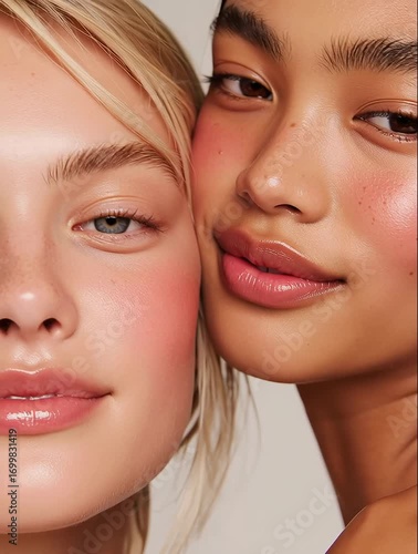 Close-Up Beauty Portrait of Two Young Women with Glowing, Healthy Skin – Natural Radiance, Soft Lighting, Clean Minimalist Aesthetic for Premium Skincare & Clean Beauty Branding