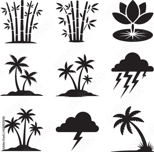 Set of Silhouette Icons with Bamboo Lotus Palm Trees and Storm Clouds lightning