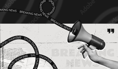 Trendy Halftone Collage Social media news. Hand holding Megaphone with breaking news text ribbon. Propaganda and fake news. Announce on grunge background. Contemporary vector illustration art