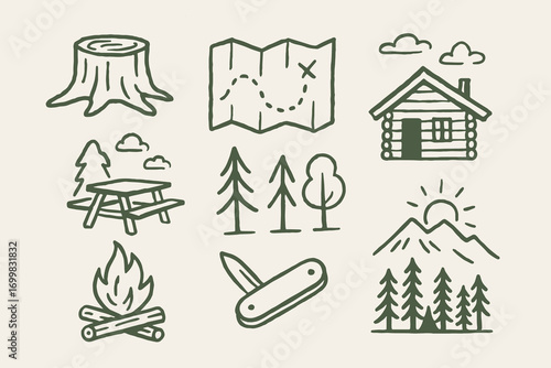 Camping elements minimalist line sketch vector illustration