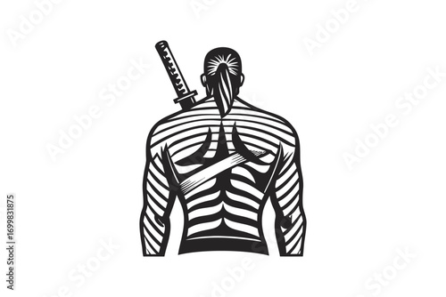Stripped Back Art of A Muscular Man with Ponytail and a Sword on White